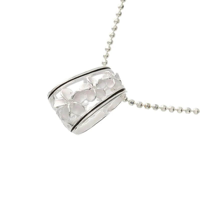 Sterling Silver 3 Plumeria with CZ Black Border Oval Barrel Pendant (Chain Sold Separately)
