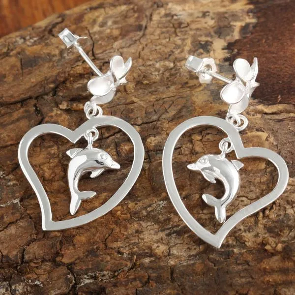 Sterling Silver 8mm Plumeria and Dolphin in Heart Post Earrings