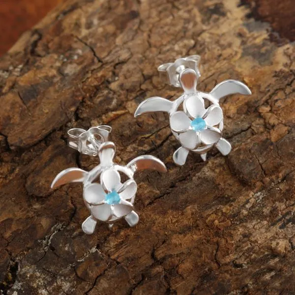 Sterling Silver 8mm Plumeria with Blue CZ on Honu (Hawaiian Turtle) Post Earrings