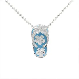 Sterling Silver Blue Enamel Slipper CZ Strap and Plumeria Pendant (Chain Sold Separately)