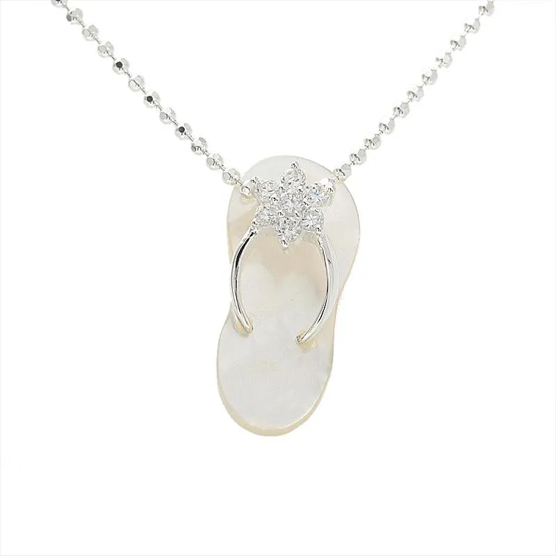 Sterling Silver CZ Plumeria White Shell Slipper Pendant (Chain Sold Separately)