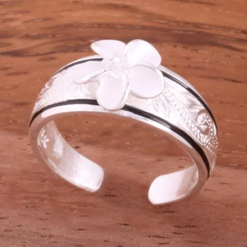 Sterling Silver Hawaiian Scroll Black Border Plumeria with CZ Smooth Edge Toe Ring (Clear CZ/Pink CZ/Blue CZ/Purple CZ) 6mm