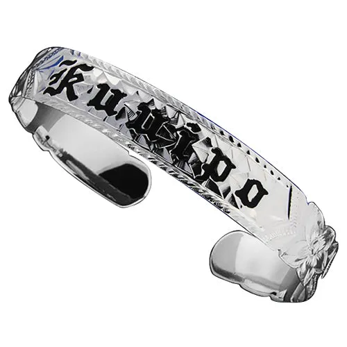 Sterling Silver Hawaiian Scroll Black Enamel KUUIPO (Sweetheart) Cut Out Edge Cuff Bangle