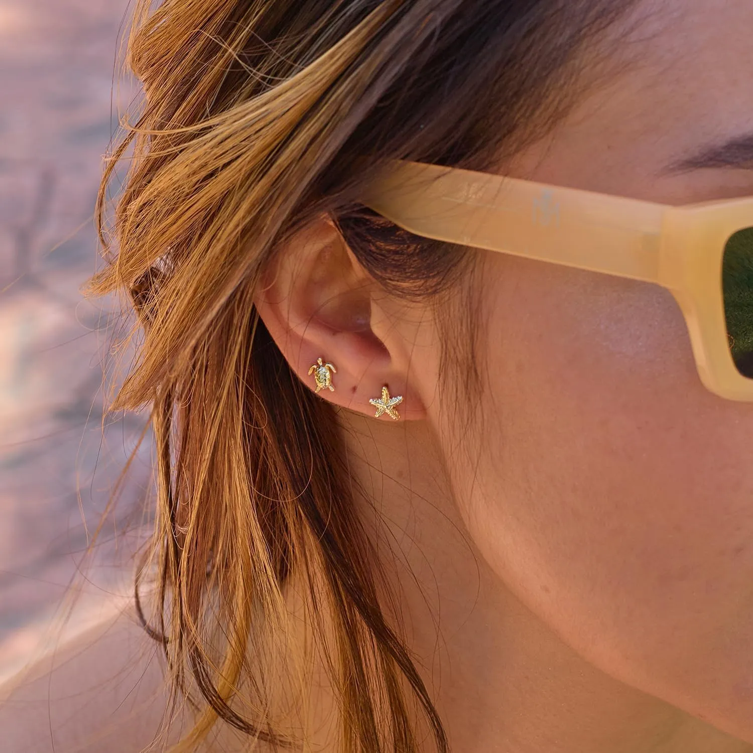Stud Earrings - 14k Gold-plated Tiny Starfish Turtle Seahorse Shell Beach Summer Dainty Stud Earrings for Women Vocation