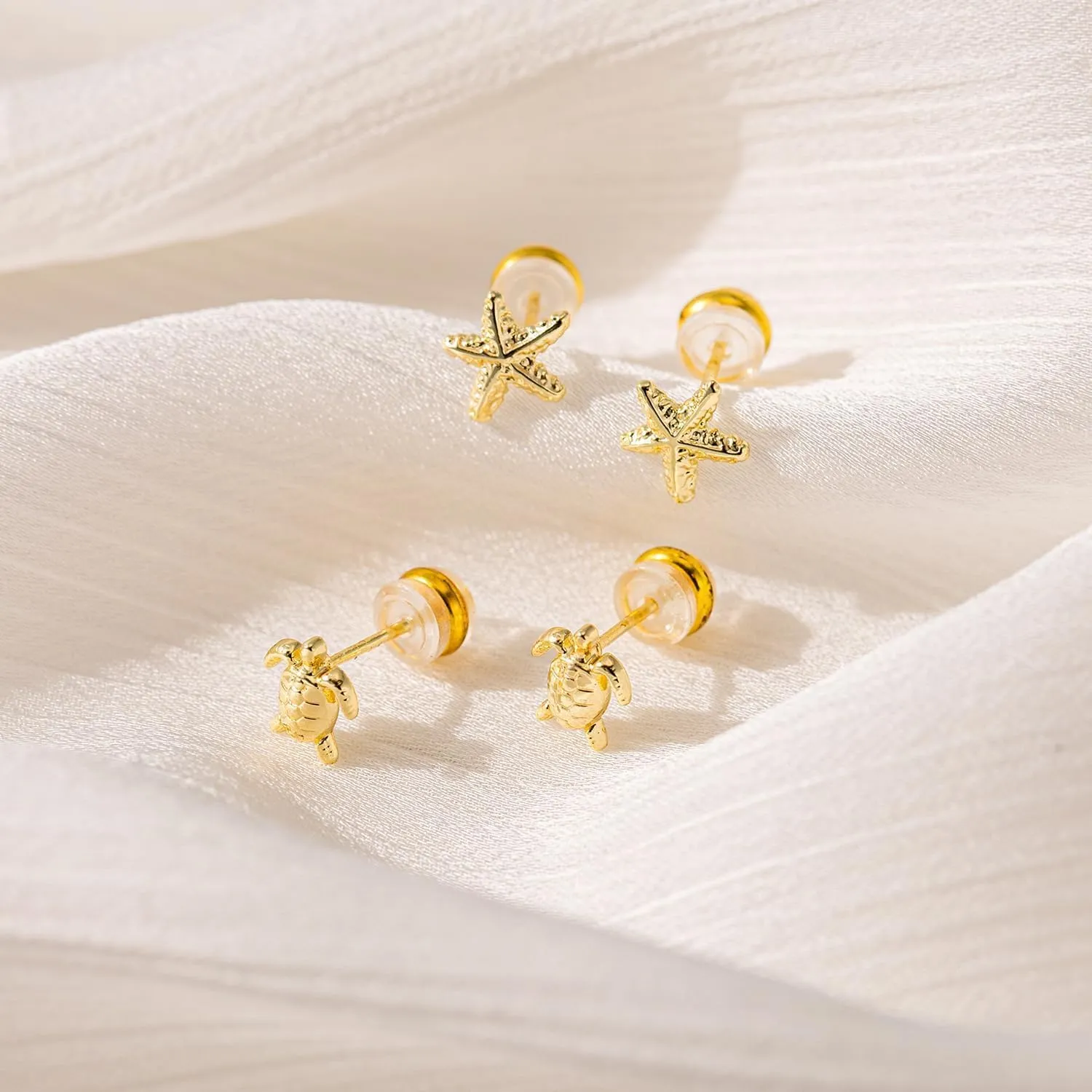 Stud Earrings - 14k Gold-plated Tiny Starfish Turtle Seahorse Shell Beach Summer Dainty Stud Earrings for Women Vocation