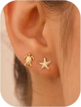 Stud Earrings - 14k Gold-plated Tiny Starfish Turtle Seahorse Shell Beach Summer Dainty Stud Earrings for Women Vocation