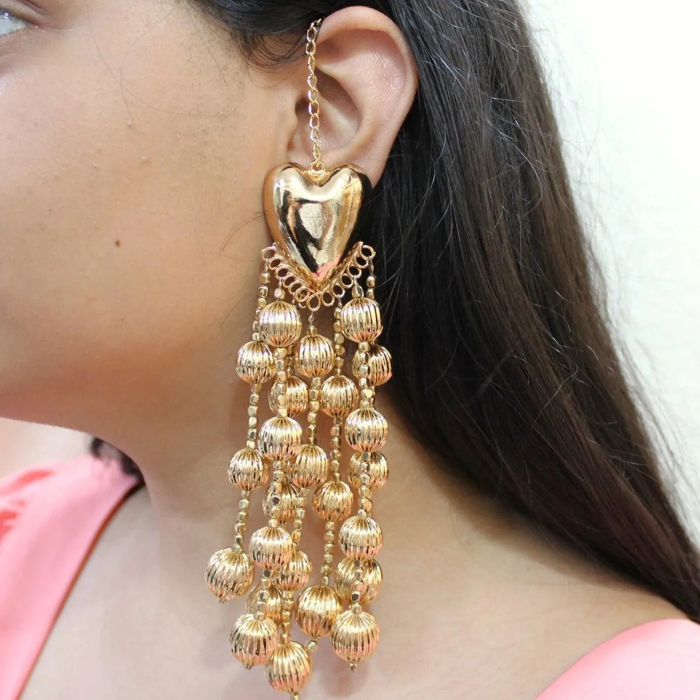 TFC Bold Heart Jhaalar Gold Plated Dangler Earrings with Ear Chain