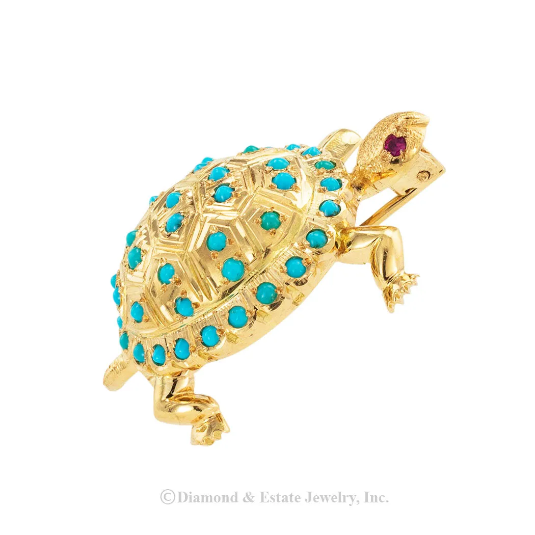 Turquoise Yellow Gold Turtle Brooch
