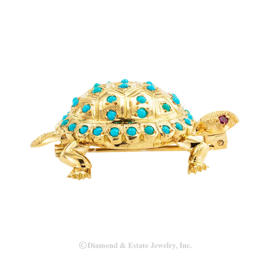 Turquoise Yellow Gold Turtle Brooch