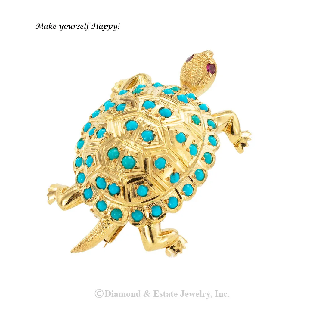 Turquoise Yellow Gold Turtle Brooch