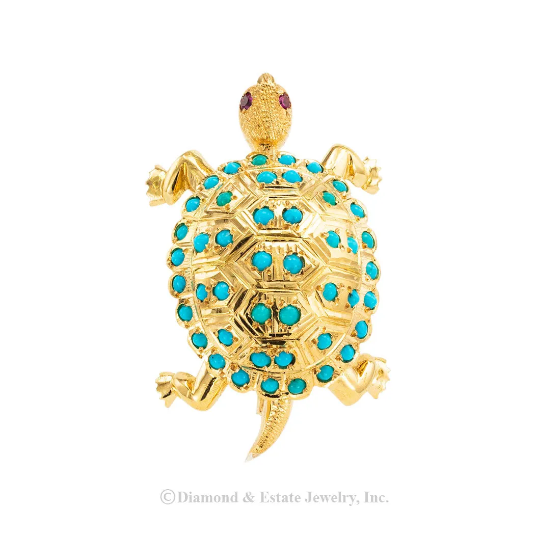 Turquoise Yellow Gold Turtle Brooch