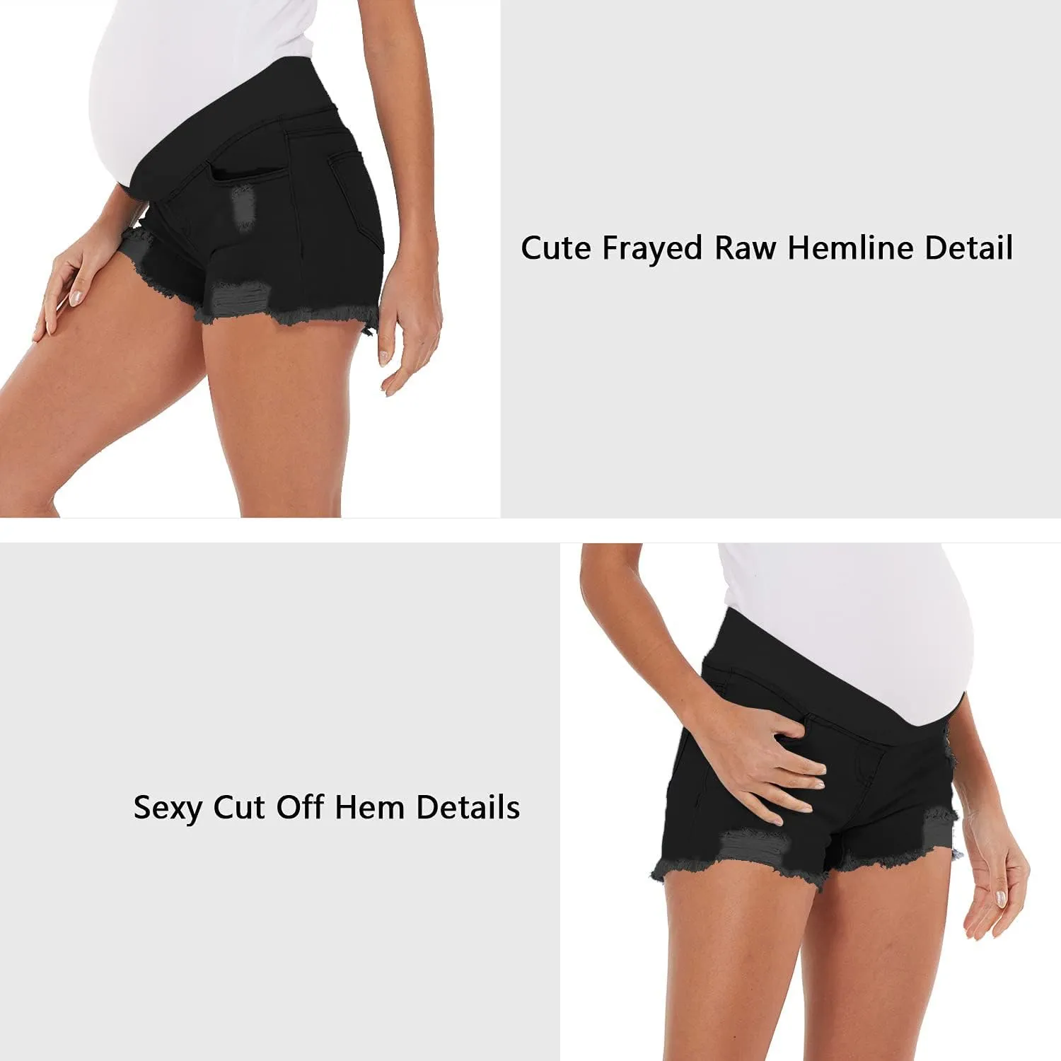 V VOCNI Maternity Jean Shorts Women's Maternity Indigo Blue Mom Tassel Secret Underbelly Denim Shorts