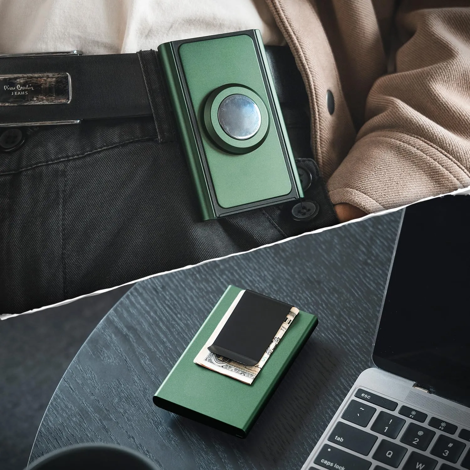 VULKIT Minimalist Wallet with Money Clip and Airtag Holder, Slim Metal POP UP Credit Card Holder RFID Blocking, Green